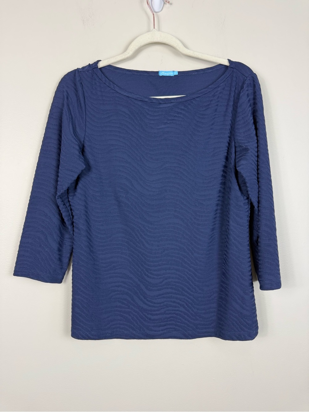 J. McLaughlin Boatneck Top Medium Navy Textured Classic Casual Office Preppy